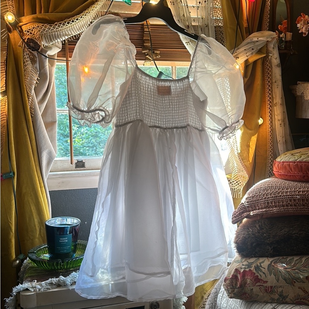 Audrey Parks White Organza Puff-Sleeve Dress